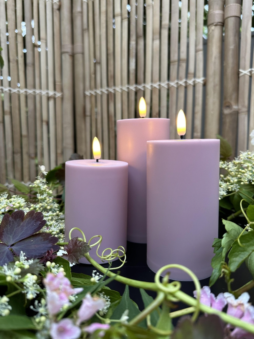 LED-Außenblockkerzen-Set, 3 Stück – Rosa