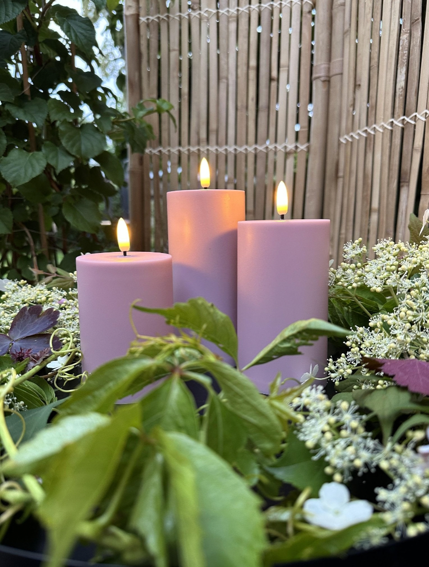 LED-Außenblockkerzen-Set, 3 Stück – Rosa