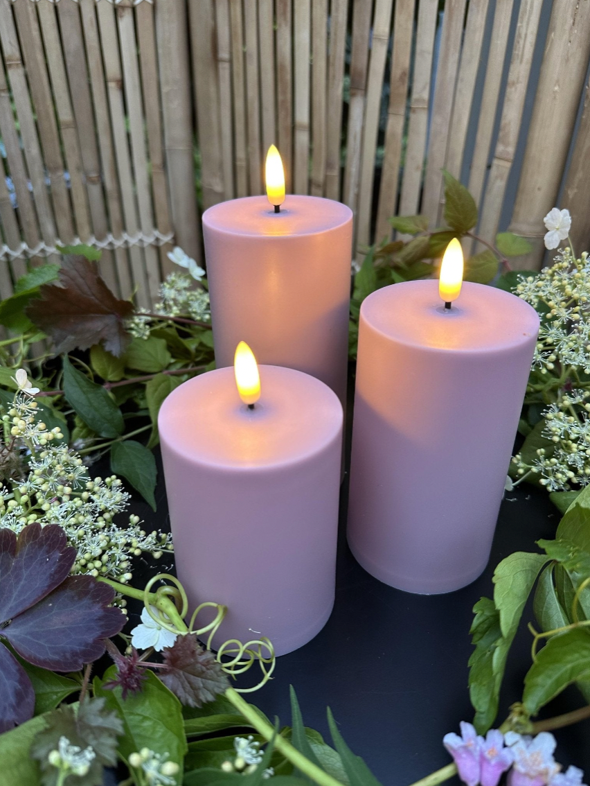 LED-Außenblockkerzen-Set, 3 Stück – Rosa