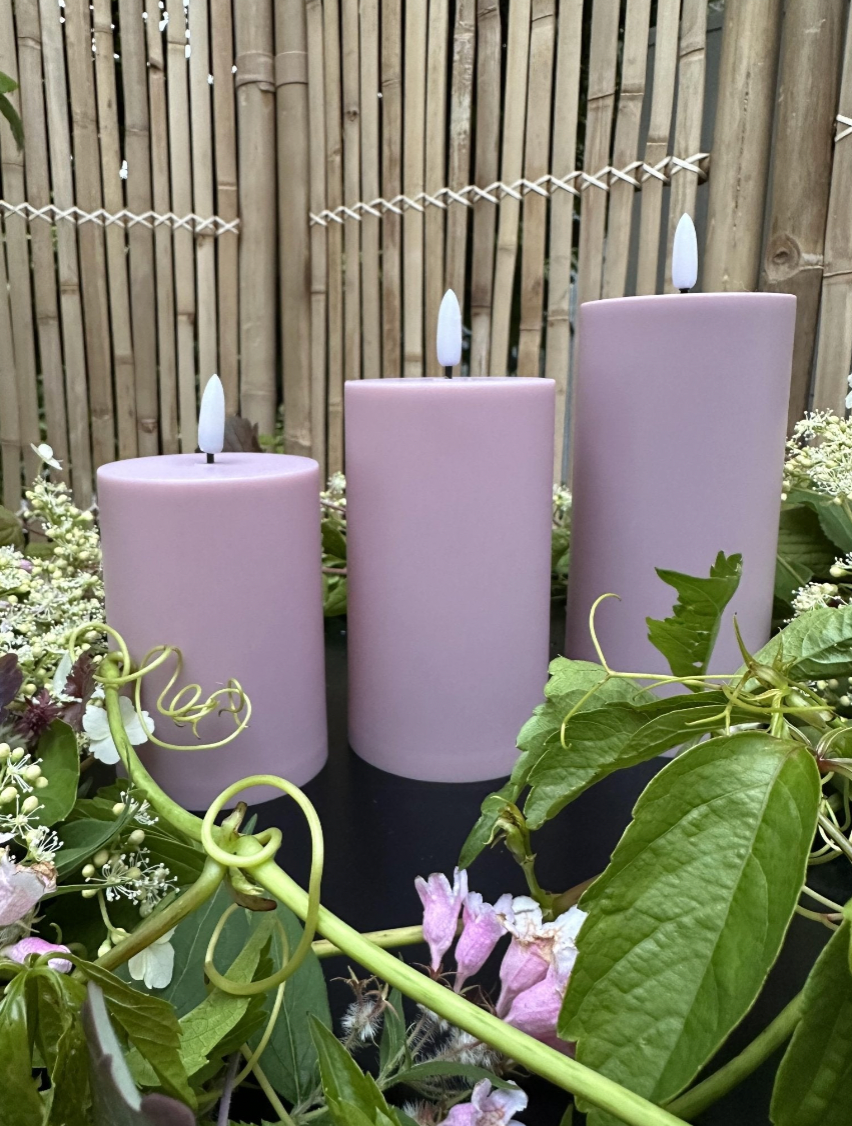LED-Außenblockkerzen-Set, 3 Stück – Rosa