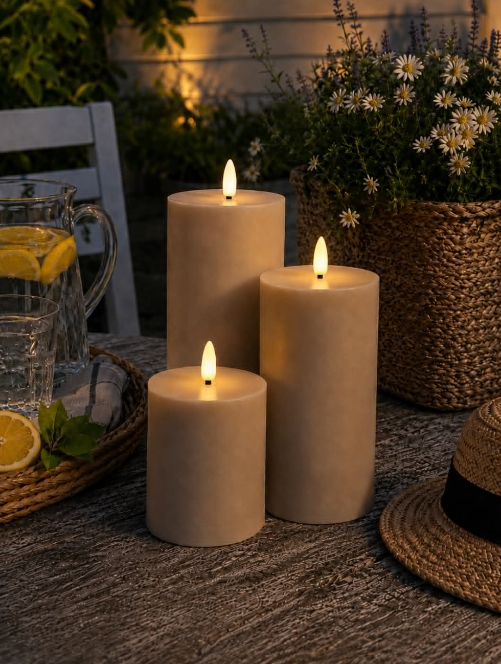 LED-Außen-Blockkerzen-Set (3 Stück) – Sandfarben