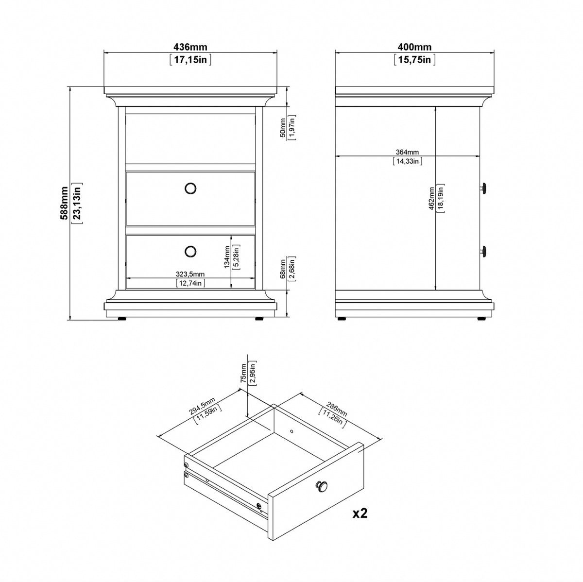 Nachttisch Paris Grey – 2 Schubladen