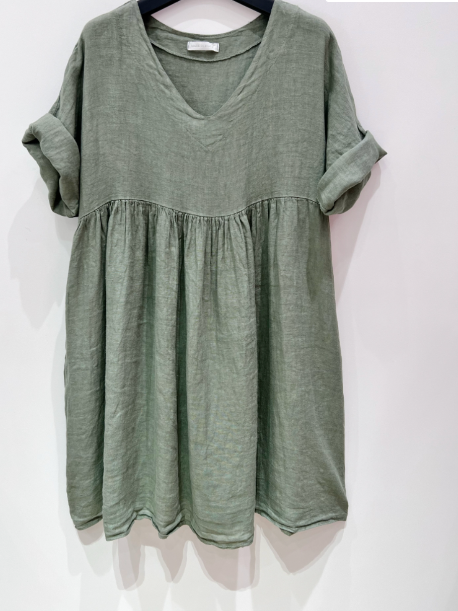 V-Ausschnitt Leinenkleid - Dusty Green