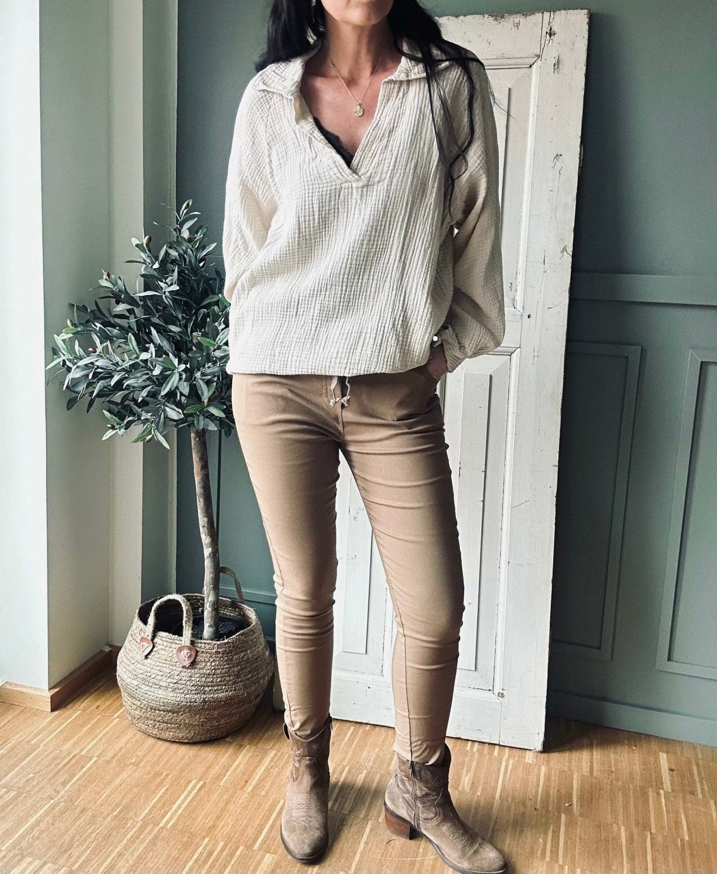 Bluse i vaflet bomuld – Beige - VIAMAJA.DK