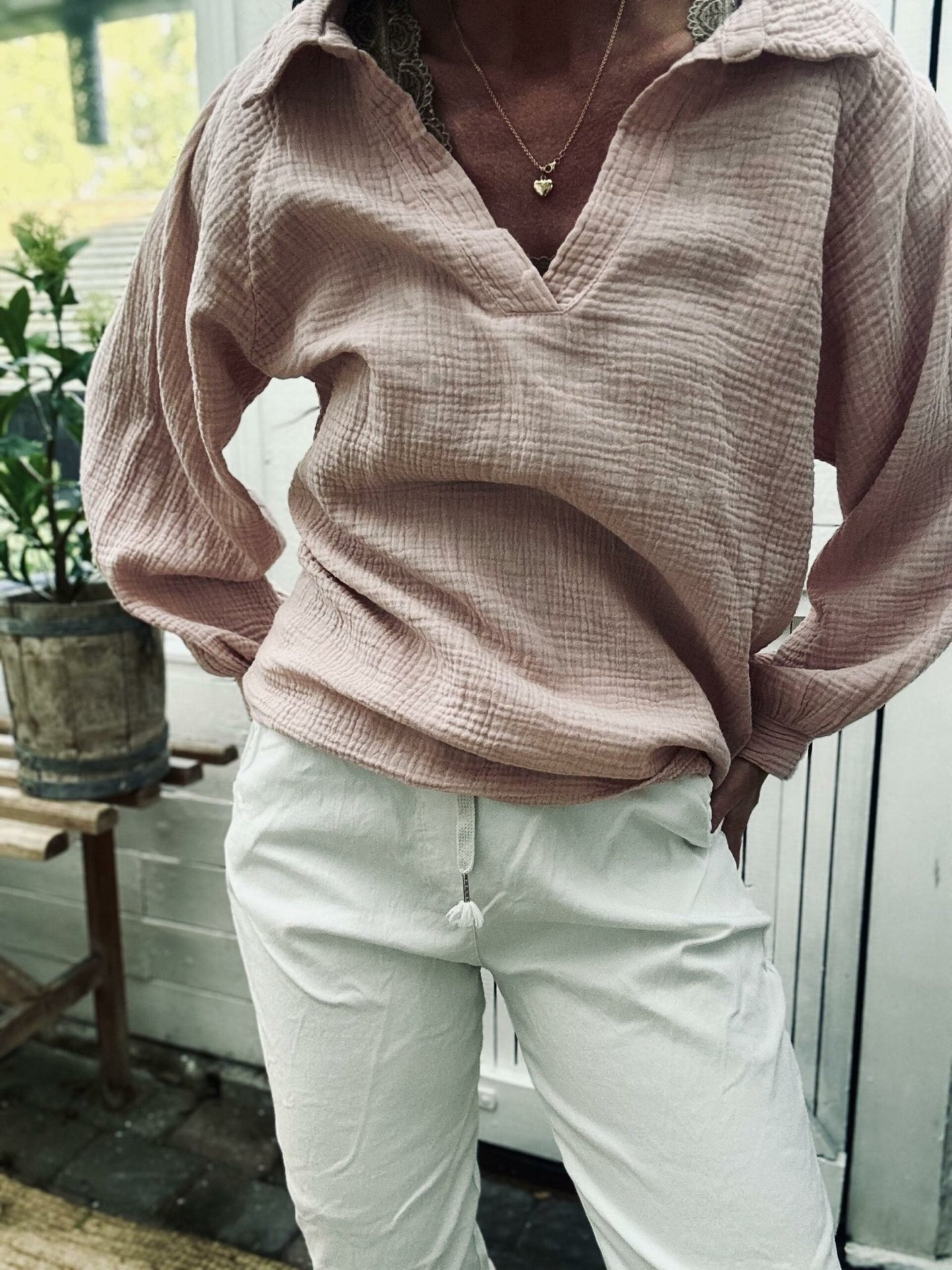 Bluse i vaflet bomuld - Rose - VIAMAJA.DK