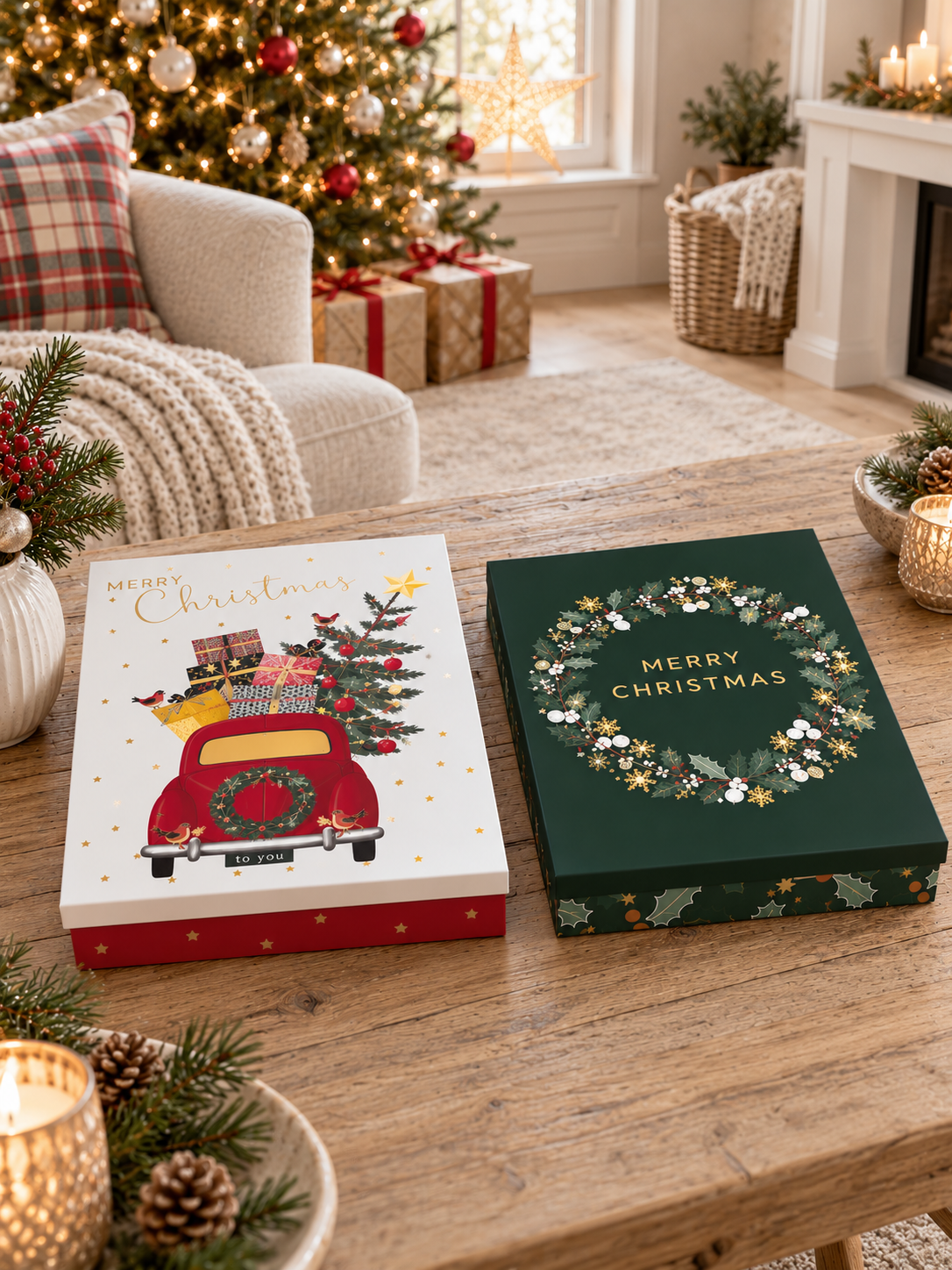 Set mit 2 flachen Geschenkboxen – Weihnachtsmotiv