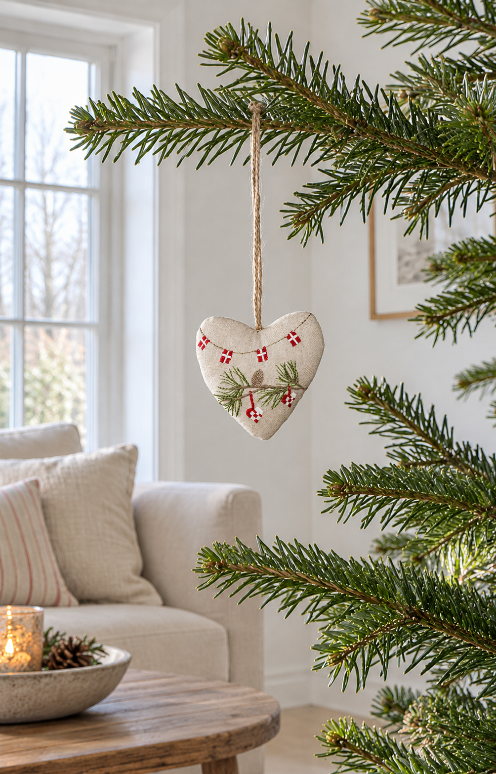 Weihnachtsherz mit Stickerei – beiger Textilanhänger