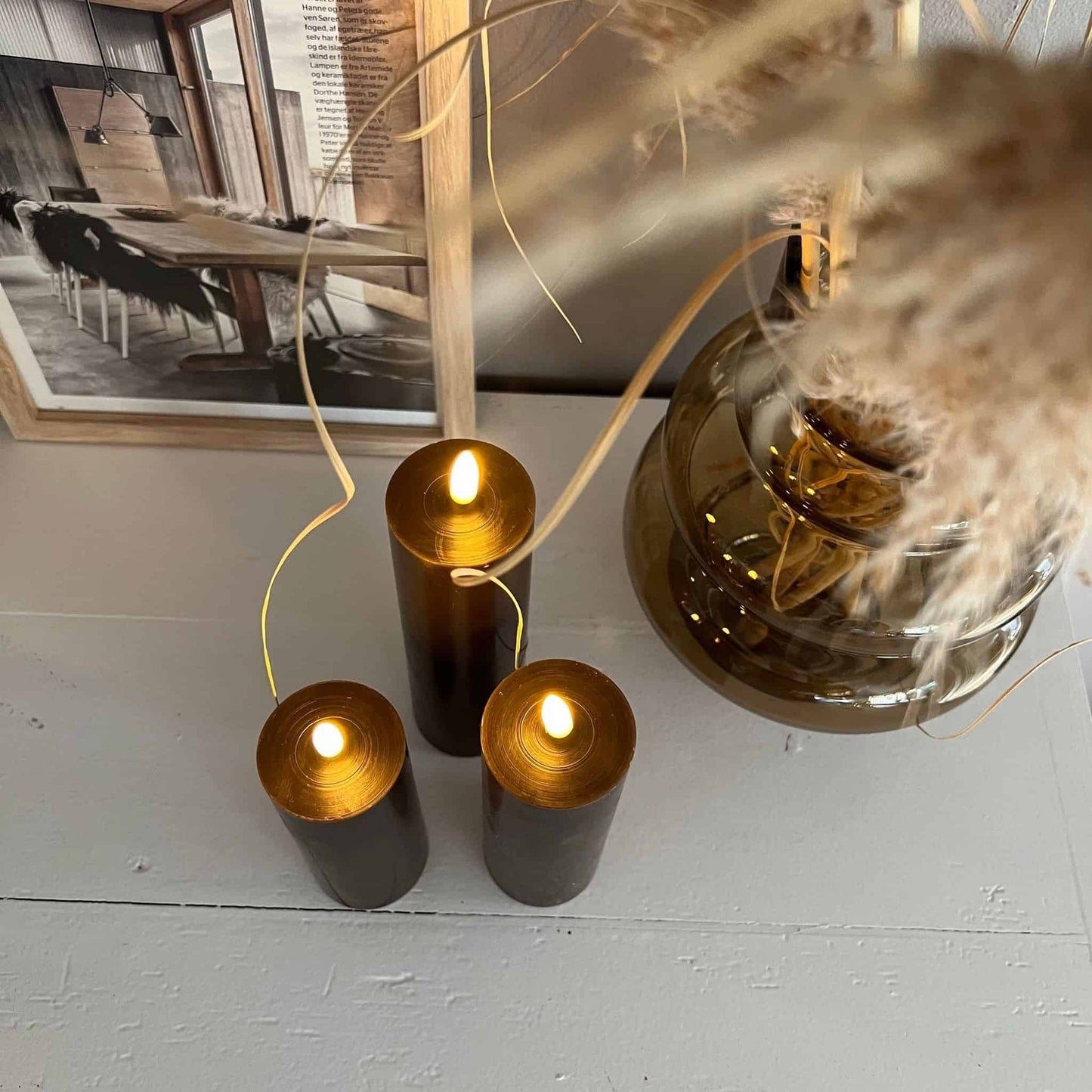 LED Bloklys / Brown – 3 stk. Lys – Inkl. fjernbetjening - VIAMAJA.DK