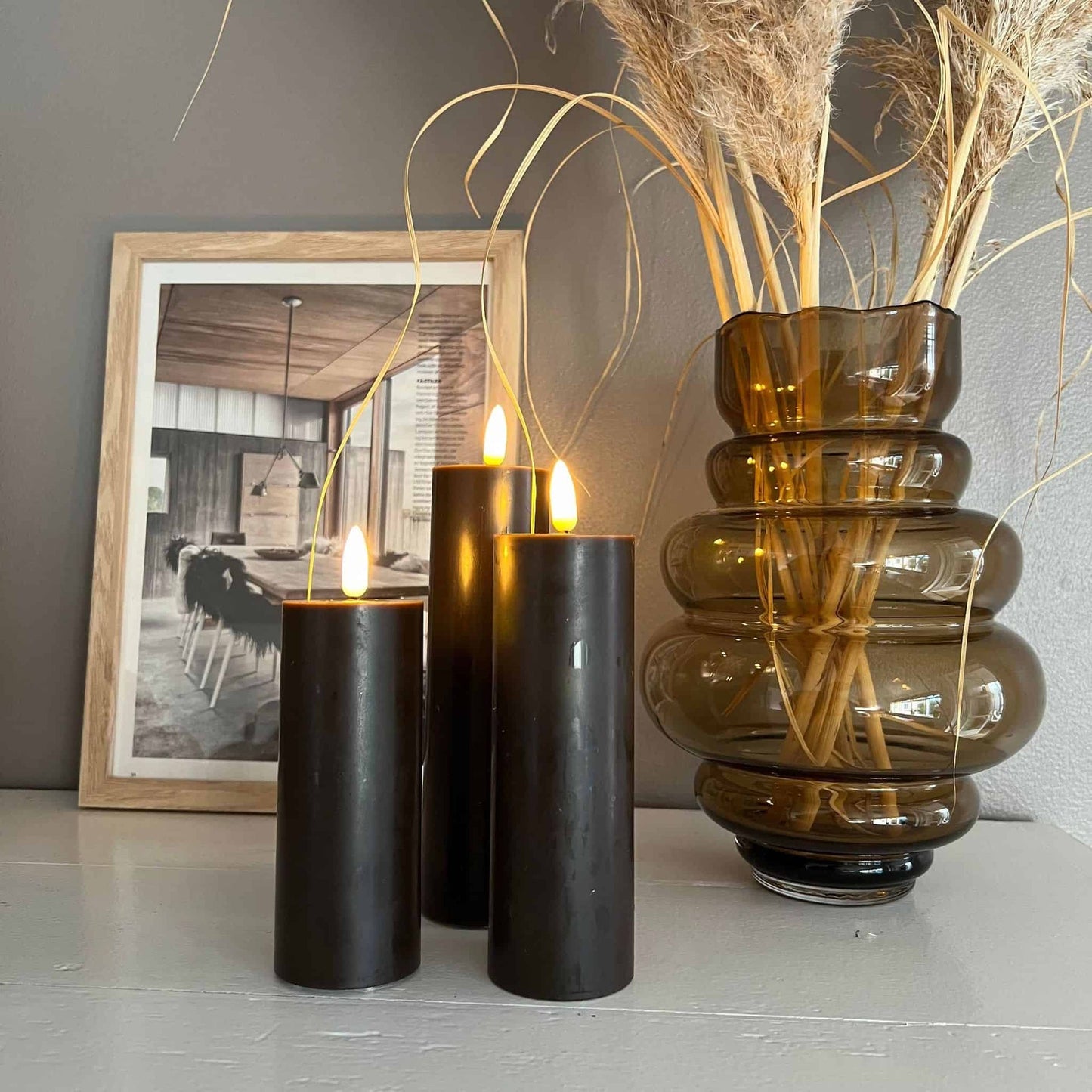 LED Bloklys / Brown – 3 stk. Lys – Inkl. fjernbetjening - VIAMAJA.DK