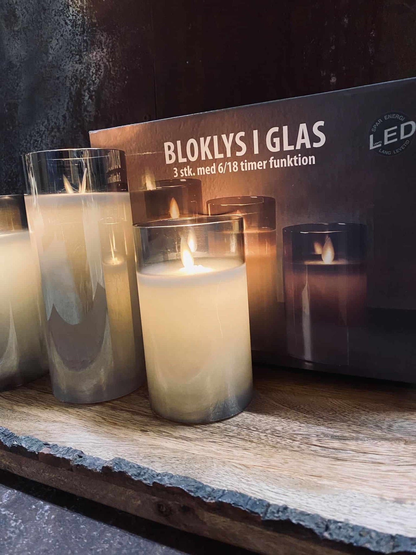 LED Lys i Røgfarvet glas m. timer - 3 stk. - VIAMAJA.DK