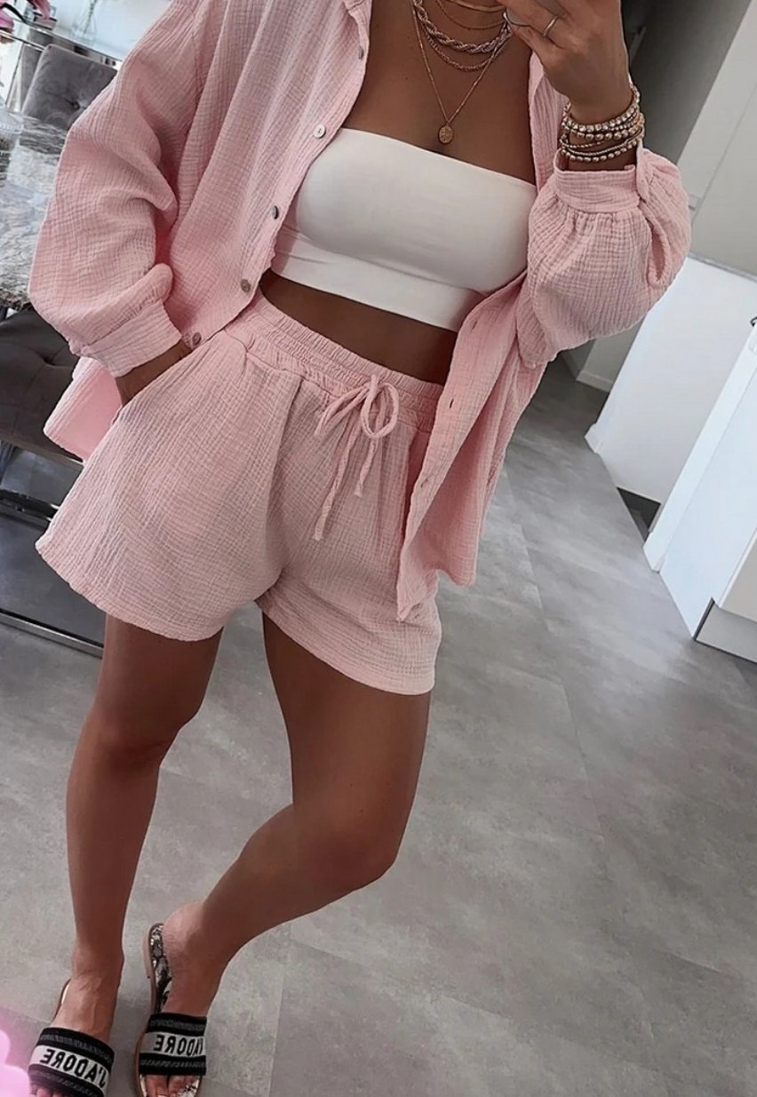 Sæt med vaflet skjorte og shorts – Rose bomuld - VIAMAJA.DK