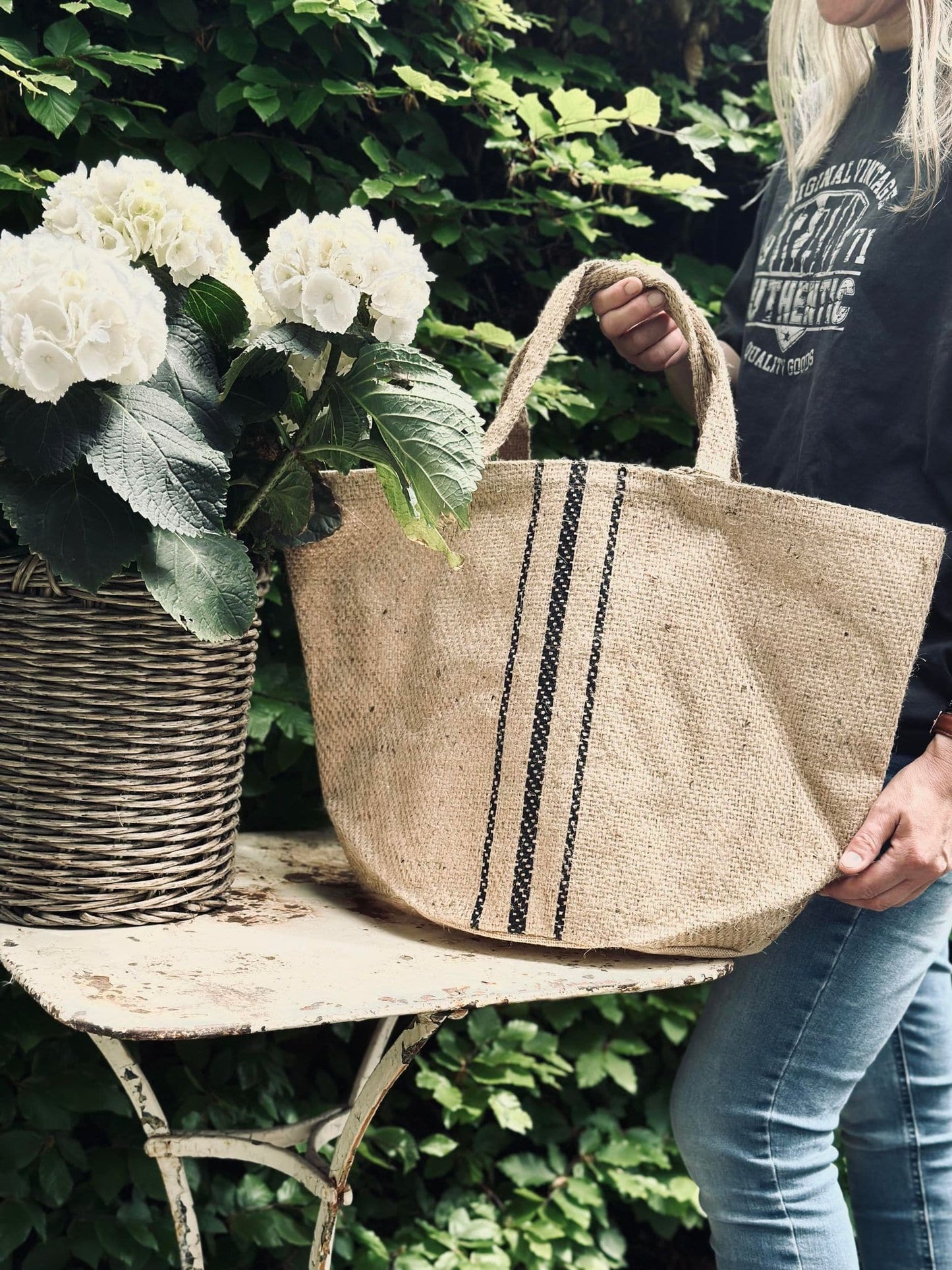 Shopper / strandtaske - Jute med strib - VIAMAJA.DK