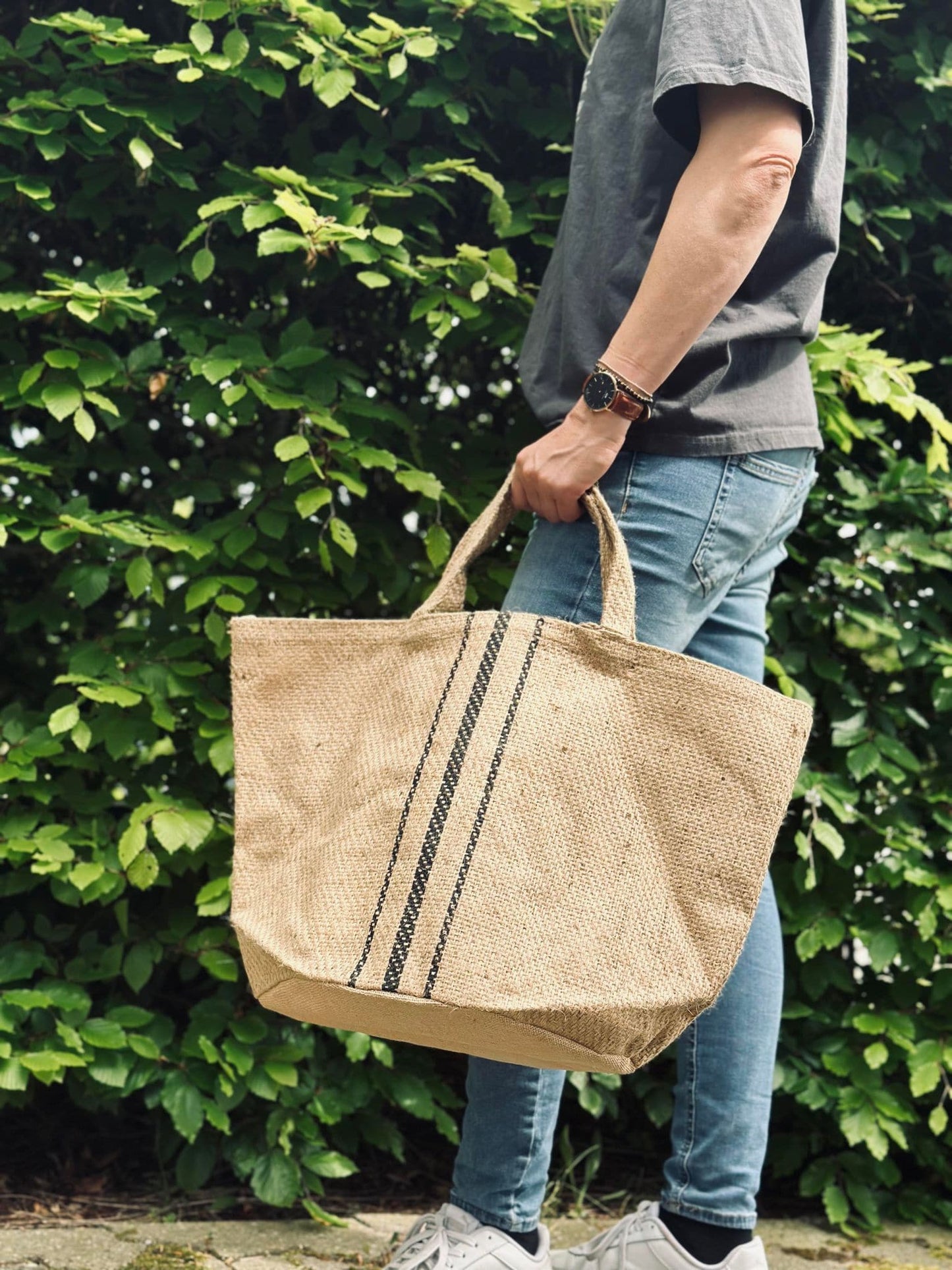 Shopper / strandtaske - Jute med strib - VIAMAJA.DK