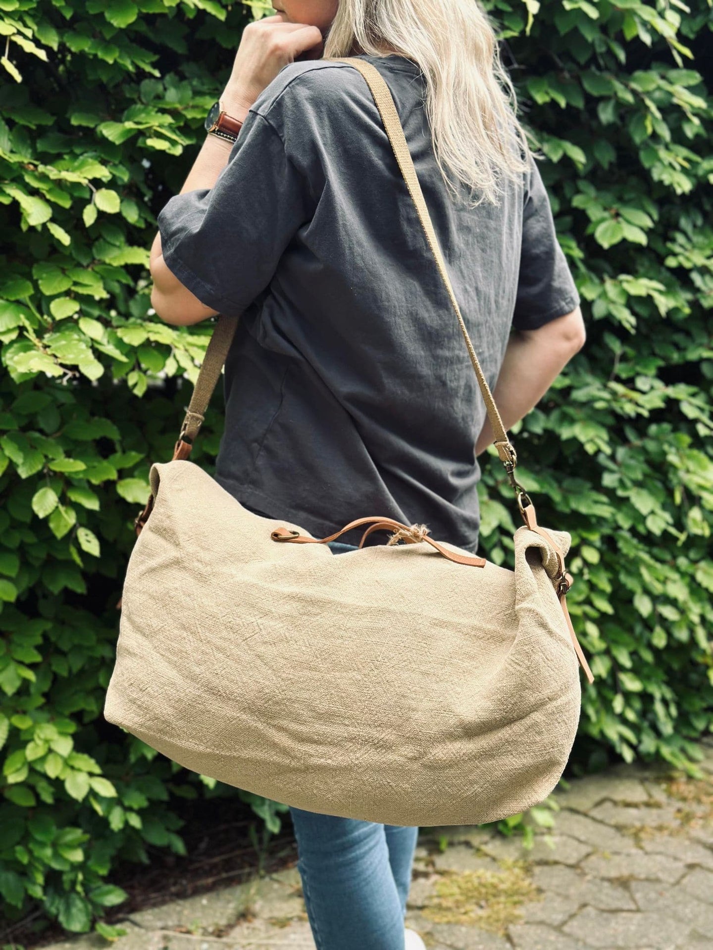 Weekendtaske - WASHED JUTE BEIGE - VIAMAJA.DK